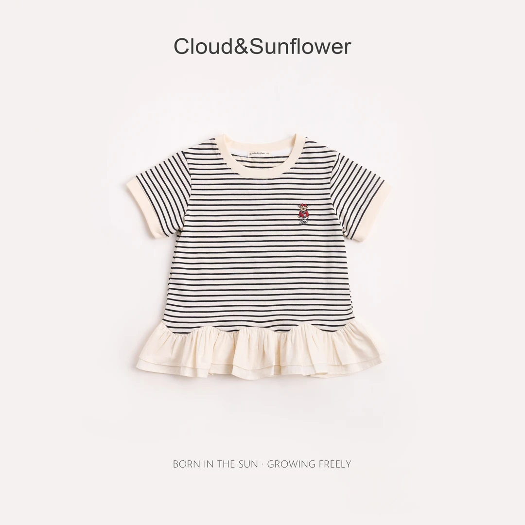 【云朵小葵】女童夏季小熊刺绣荷叶边下摆条纹T恤252695