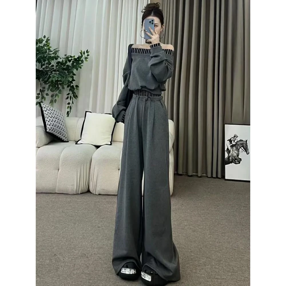 休闲运动套装女春季2025超火时髦炸街一字肩上衣高腰阔腿裤两件套