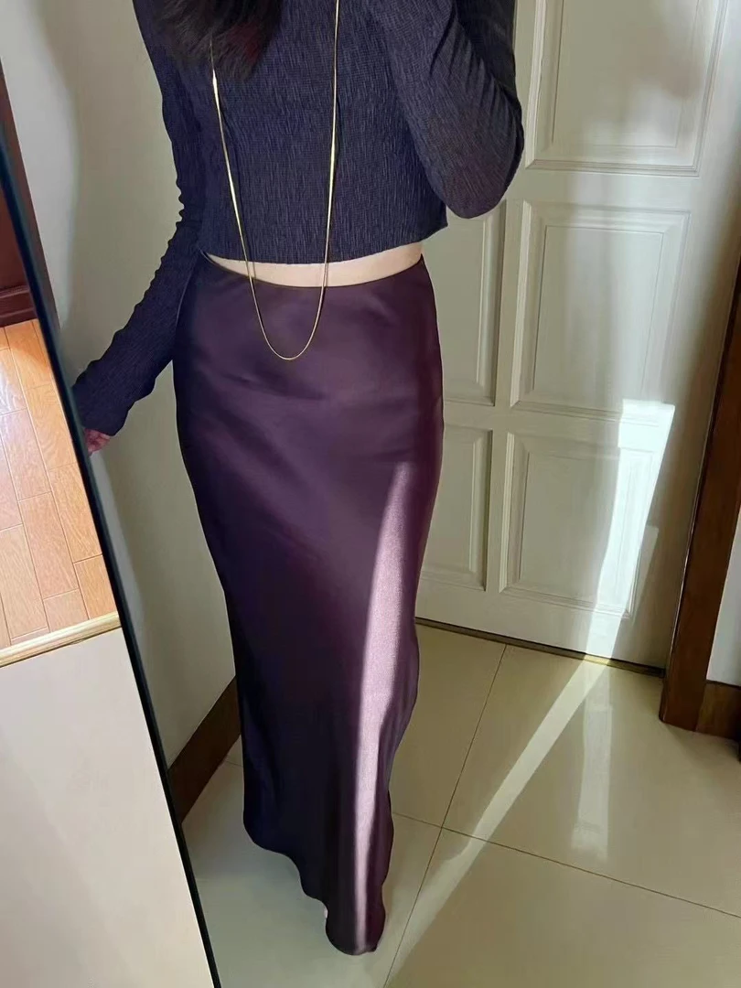 【CHENFREE】醋酸缎面斜裁修身显瘦小个子版中长款鱼尾半身裙百搭