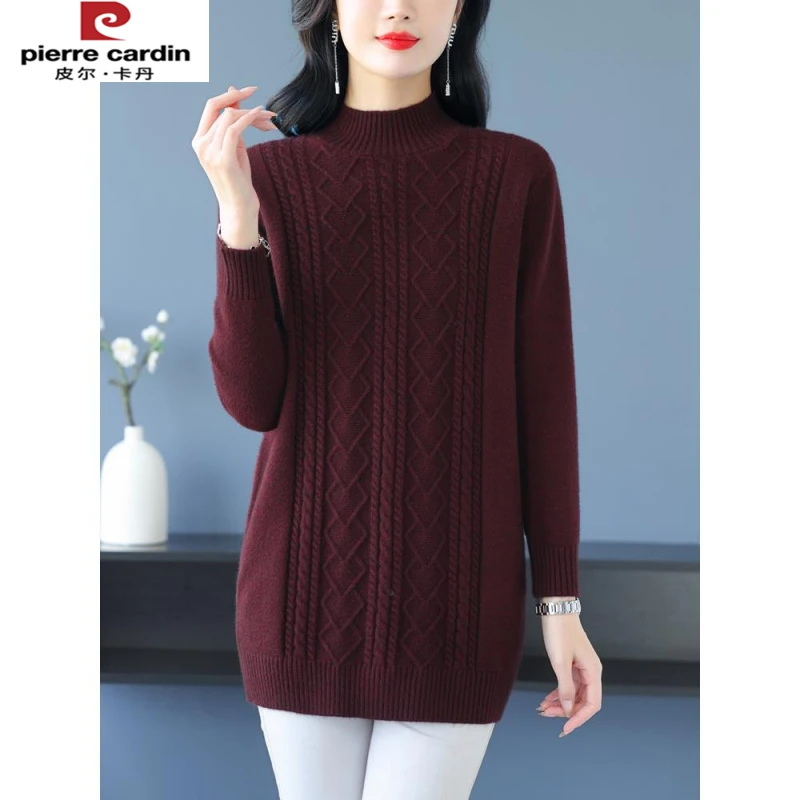 皮尔卡丹半高领毛衣女中长款加厚羊毛衫小个子遮屁股内搭秋冬宽松