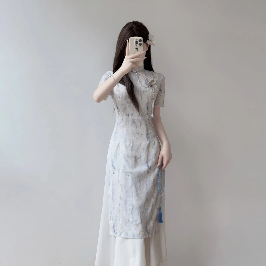 汀玥苓新中式旗袍夏季改良年轻气质高端国风蓝色送考连衣裙奥黛女