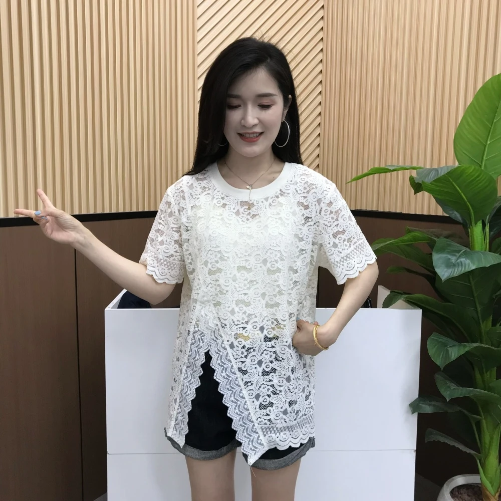 法式蕾丝提花镂空短袖t恤女夏季设计感宽松开叉独特漂亮罩衫上衣