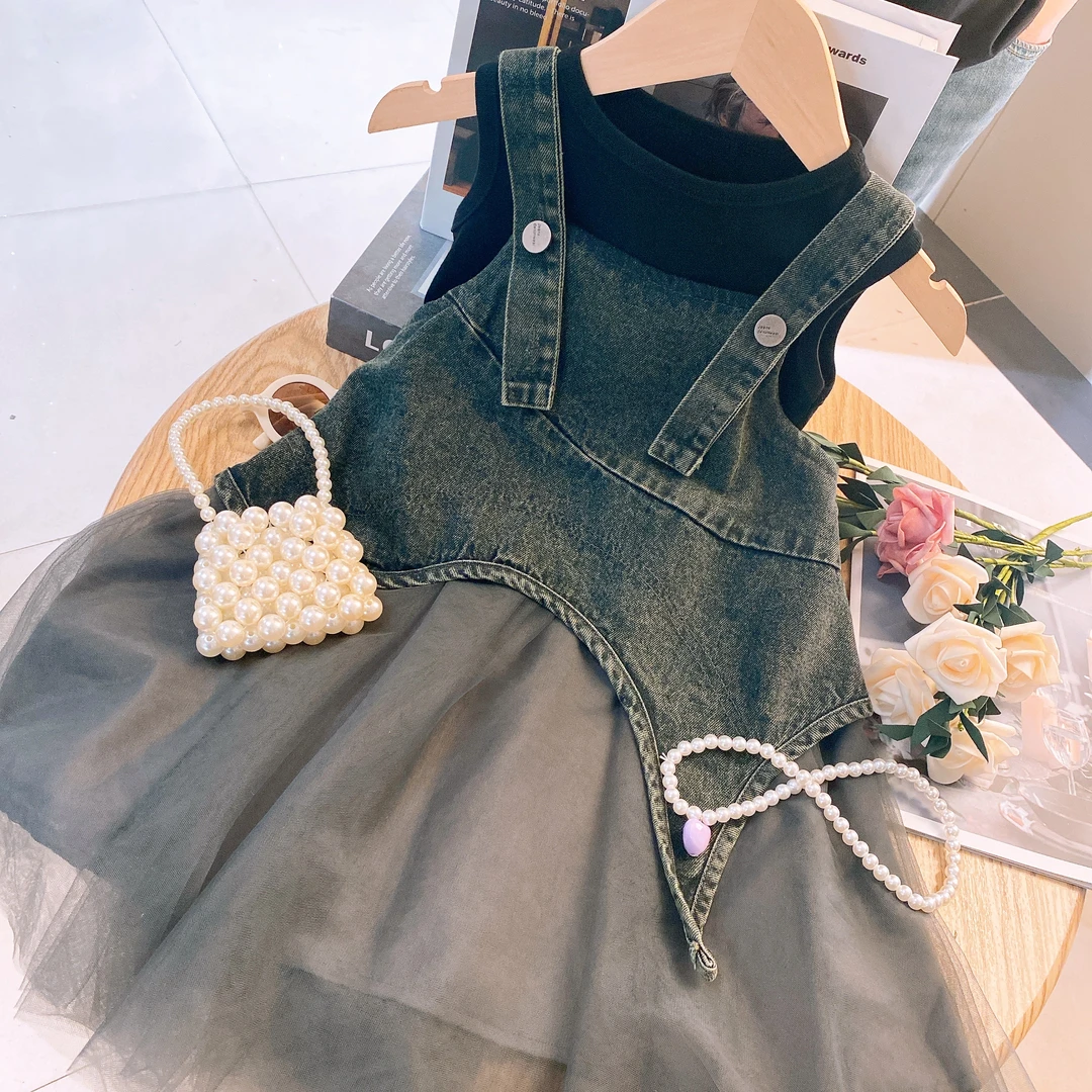 SD2025女童洋气套装 韩系时尚牛仔拼接软纱裙夏季百搭两件套8198