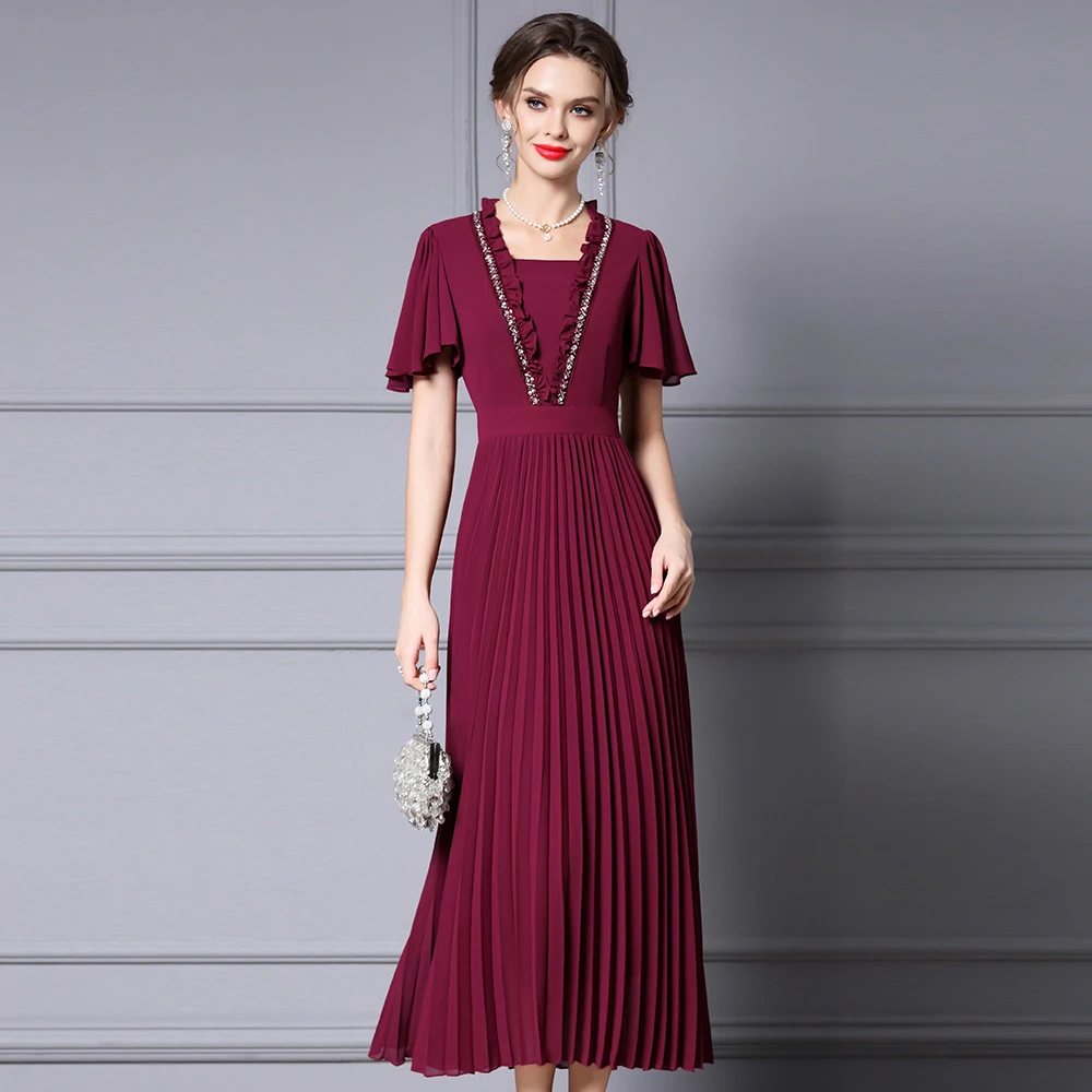 枝荔长款连衣裙女2025新款夏装度假飘飘袖钉钻木耳边收腰百褶裙子