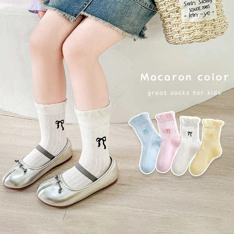 女童袜子春夏季薄款网眼袜儿童蝴蝶结花边公主袜女宝宝春款马卡龙