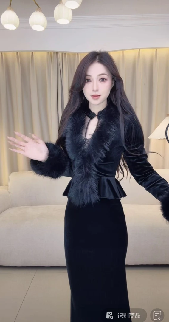 A633长裙长款秋冬复古法式千金风长袖包臀黑色时尚套装