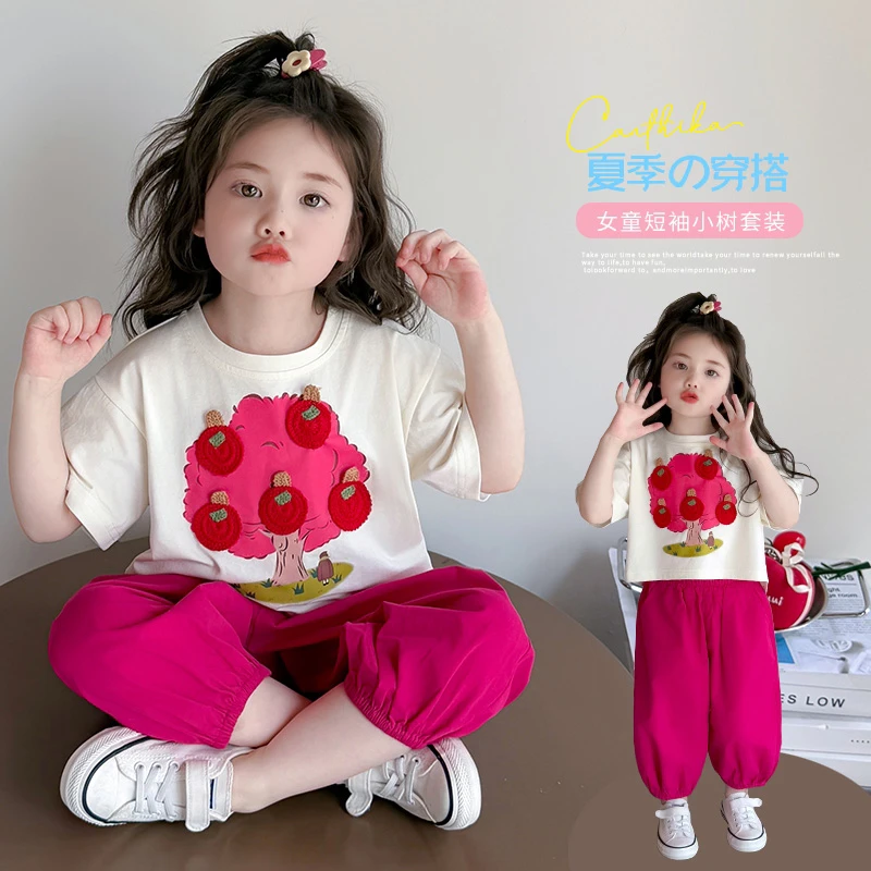 女童夏季新款短袖套装韩版甜美苹果树印花短袖灯笼裤两件套