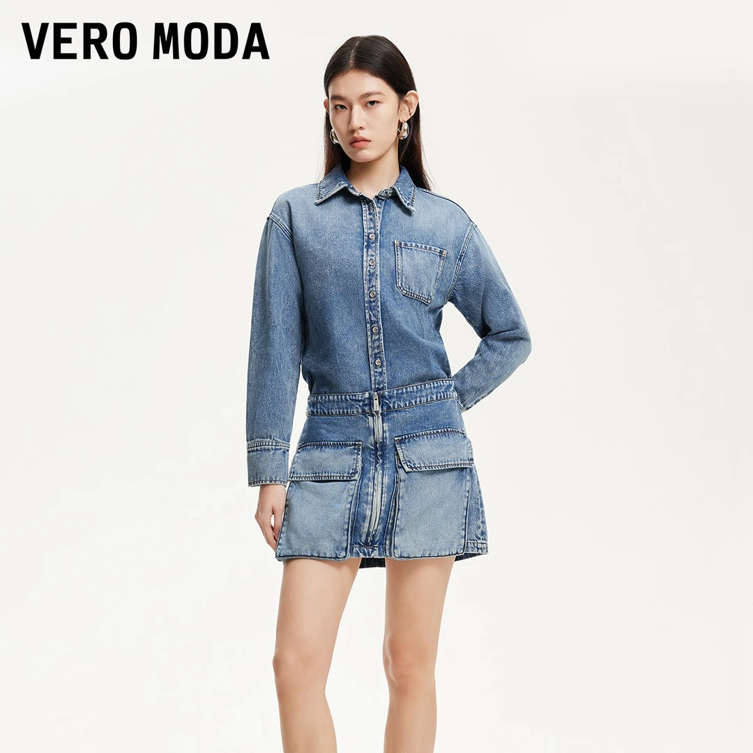 Vero Moda连衣裙商场同款假两件复古磨白牛仔百搭流光风325142004
