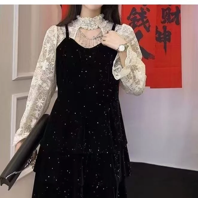 【老四推荐】长款千金风珠链镂空细闪丝绒吊带裙女两件套1619