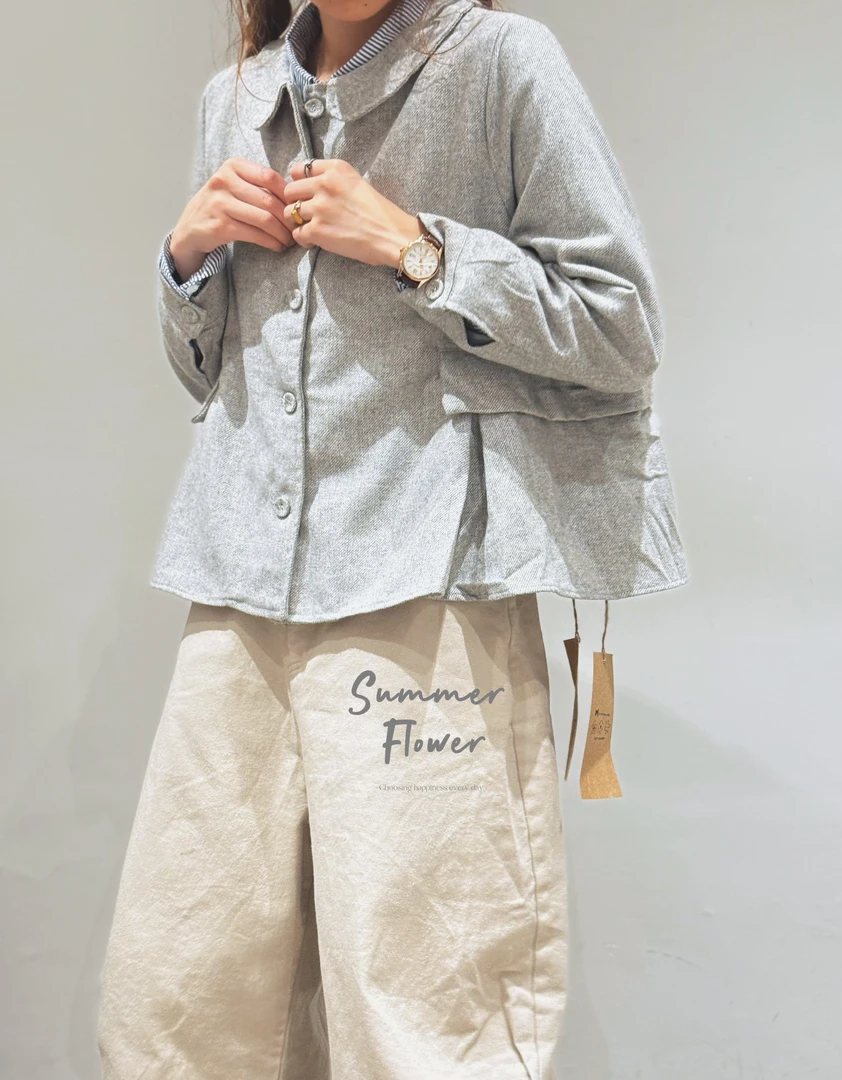 夏小朵 极简娃娃领毛呢外套 纯色时尚极简风休闲宽松小众外套