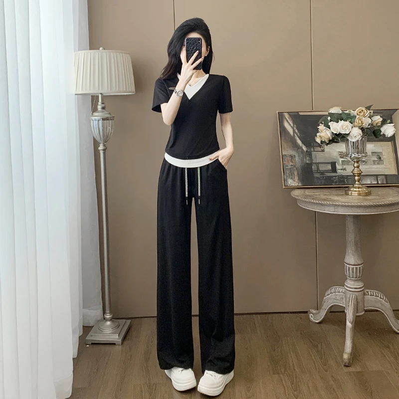 假两件黑色短袖休闲运动套装女夏季穿搭高级感气质减龄显瘦两件套