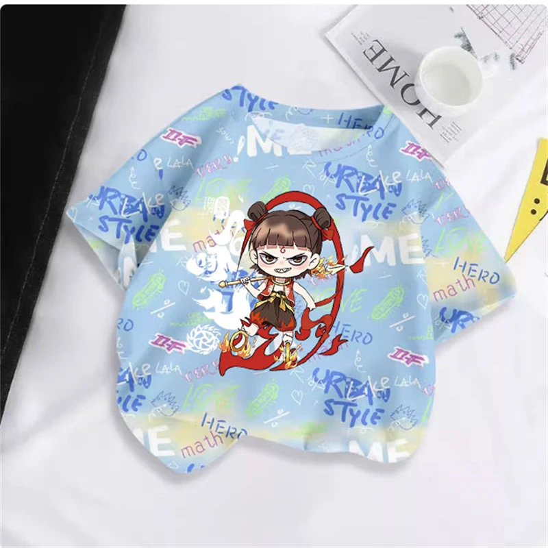 2025夏季新款圆领男童短袖哪吒卡通扎染宽松洋气防风薄款短袖T恤