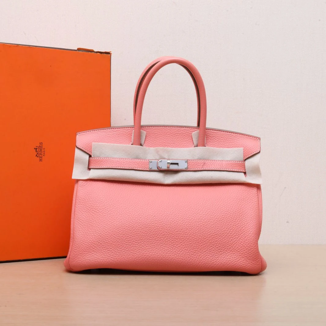 95新 Hermes/爱马仕 花花Birkin 30 灰虾粉 Togo皮 框Q 银扣