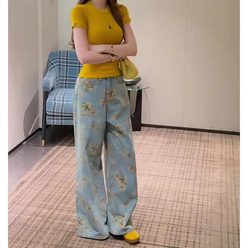 欧洲站2025春季新款洋气百搭高腰显瘦花朵印花宽松阔腿牛仔裤