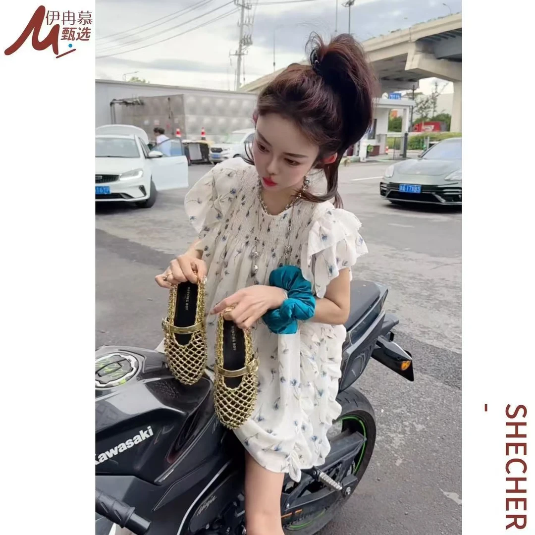 【伊冉慕】碎花宽松腰气质名媛夏季T恤时尚气质飞飞袖上衣6073-3