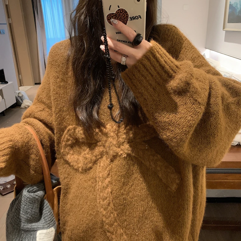 韩系立体蝴蝶结毛衣女2025秋冬新款宽松慵懒圆领软糯针织休闲上衣