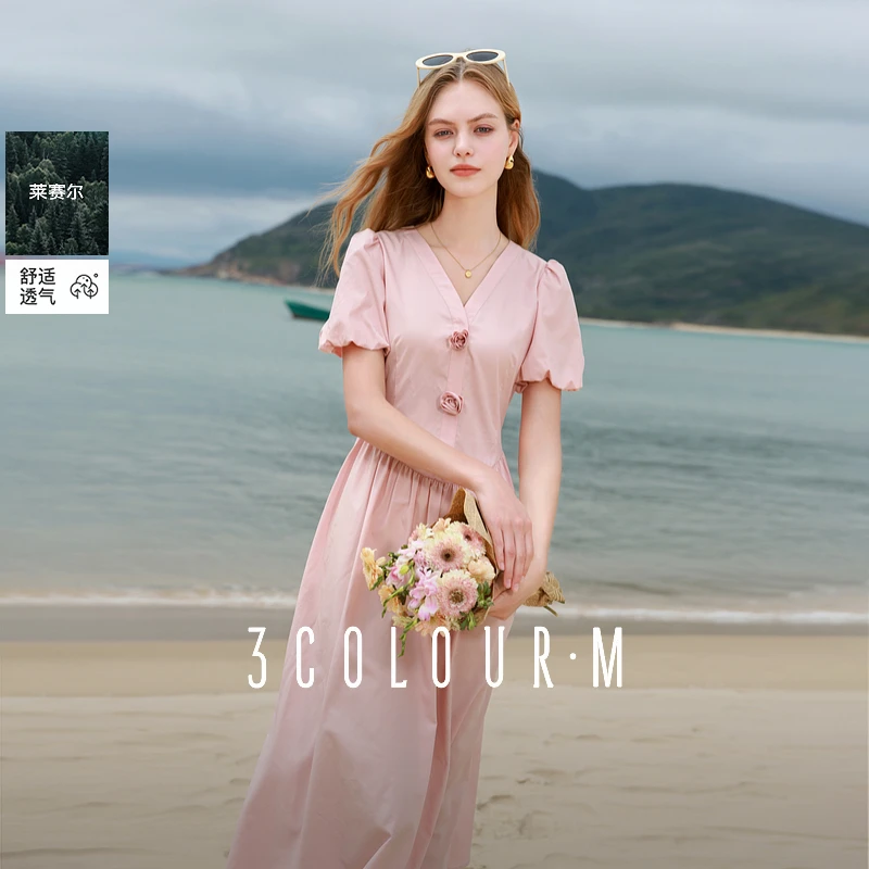 三彩2025夏季新款纯色连衣裙莱赛尔V领泡泡袖收腰A字裙长裙M