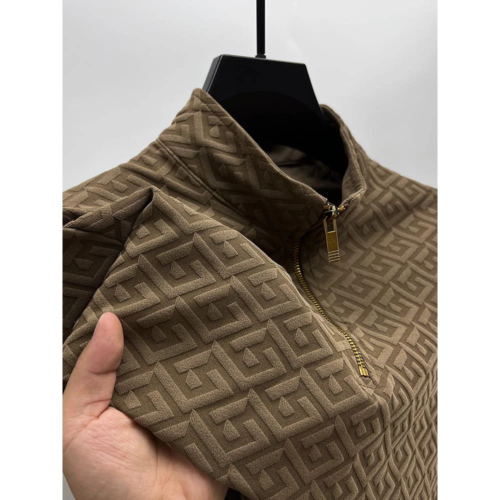 灏吉弧立领长袖t恤男士春秋季优雅格纹底裤衬衫男士运动衫青年男