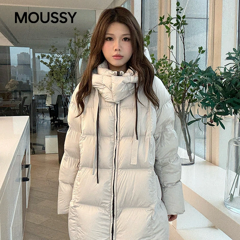 MOUSSY 2025秋季新品奶油泡芙抽绳连帽中长款羽绒服028IAC30-1113