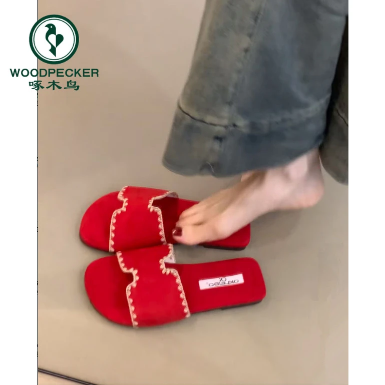 啄木鸟平底拖鞋女夏外穿2025新款配裙子法式绝美露趾沙滩鞋凉拖鞋