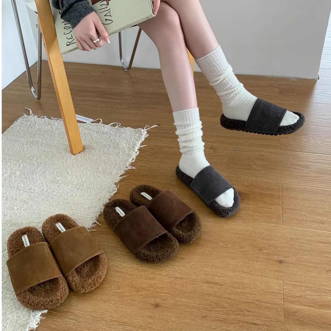BS-H995-1复古毛毛鞋女外穿秋冬新款风休闲羊羔毛一字带棉拖鞋