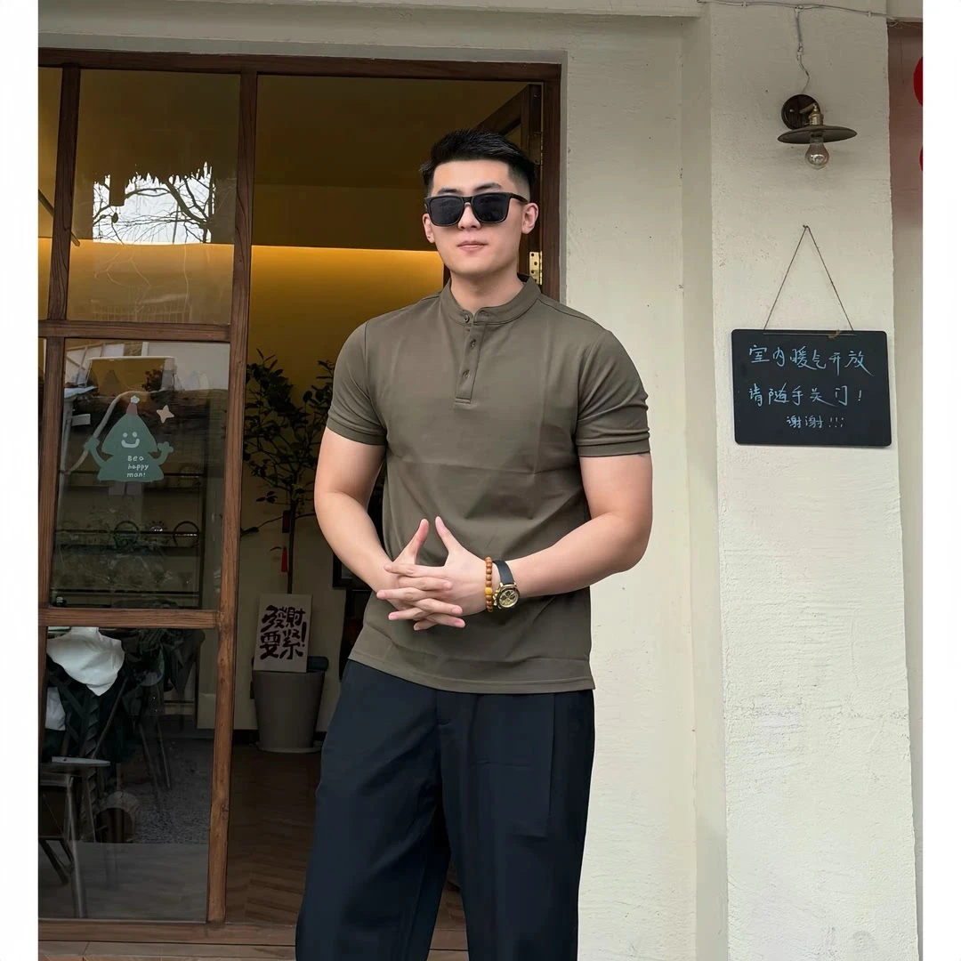 轻熟男士美式简约硬汉新中式亨利领纯色Polo衫立领透气百搭男短袖