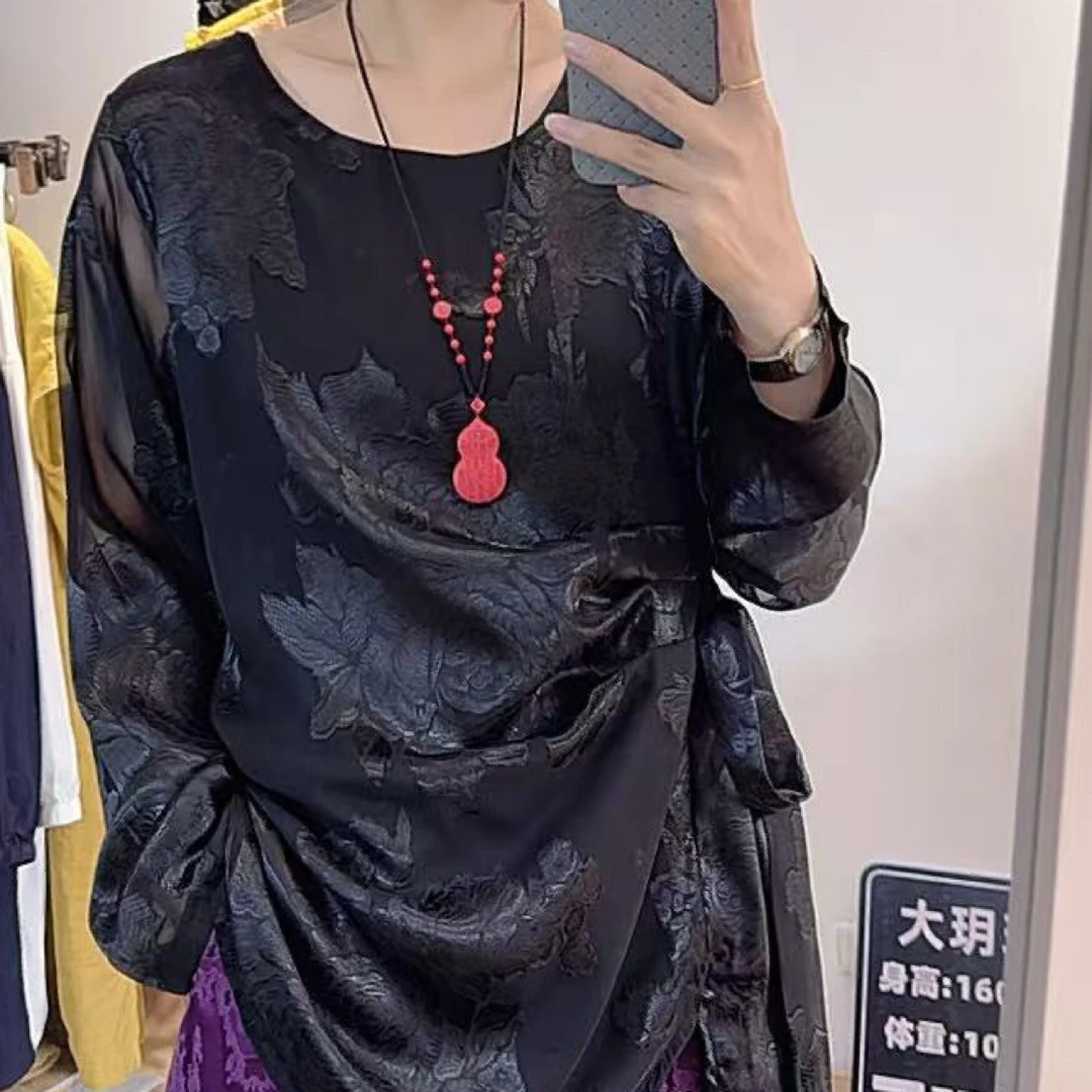 加肥胖妹妹圆领暗花小衫法式大码女装洋气2025新款百搭休闲上衣潮