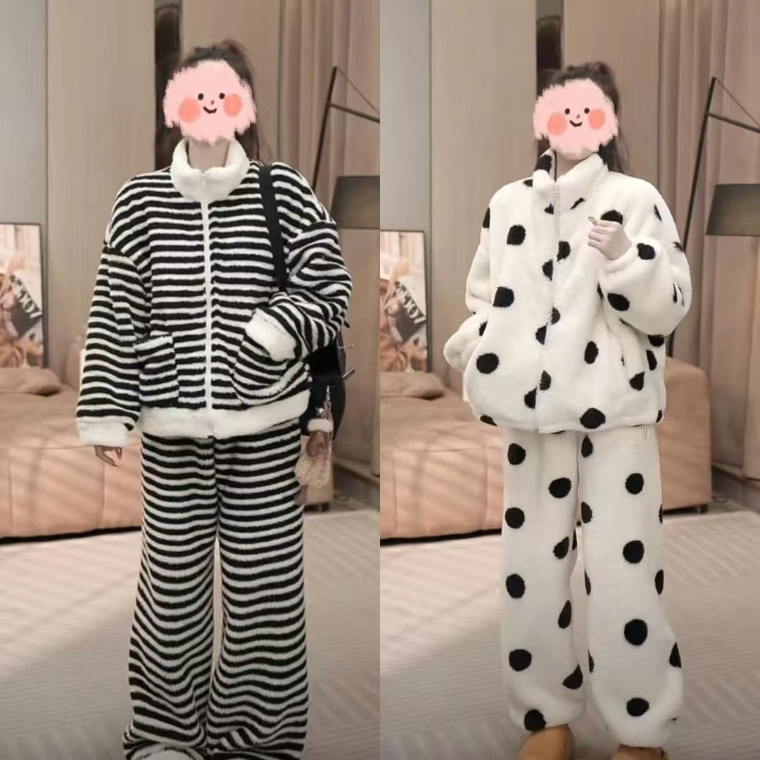 条纹宽松北糕绒绒睡衣女冬季加厚保暖高领长袖长裤套装