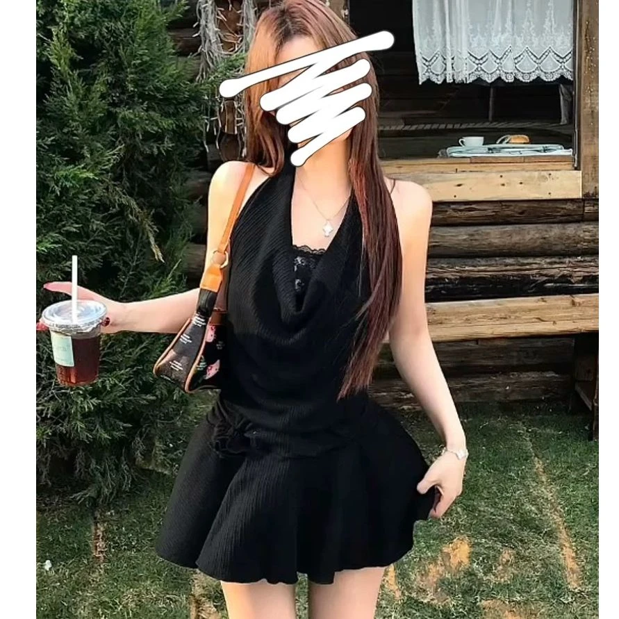 法式蕾丝黑色连衣裙新款夏季收腰显瘦纯欲气质性感裙子辣妹短裙
