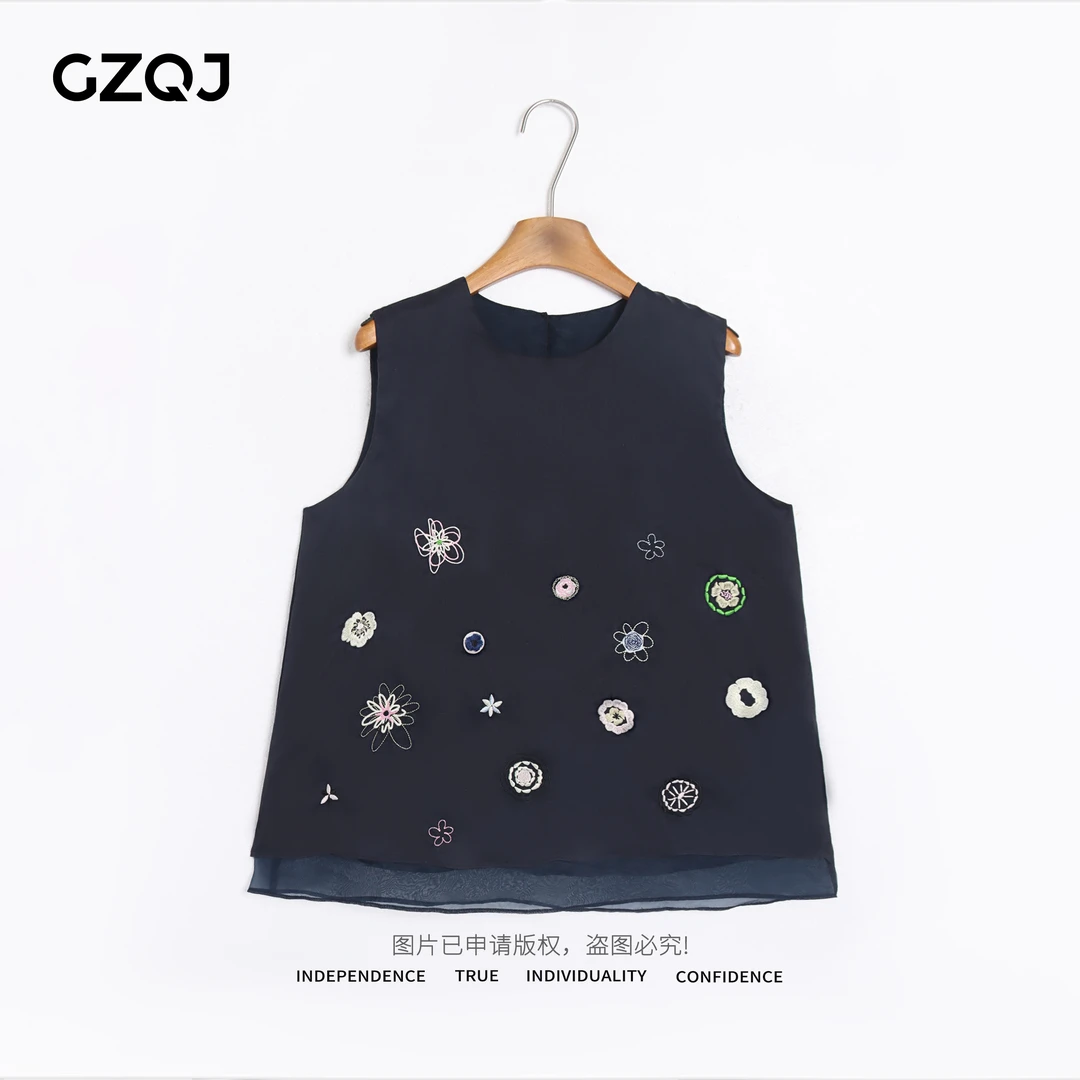 广州琴姐【蓝调企划】100苎麻欧若风时尚圆领刺绣背心女夏上衣35160