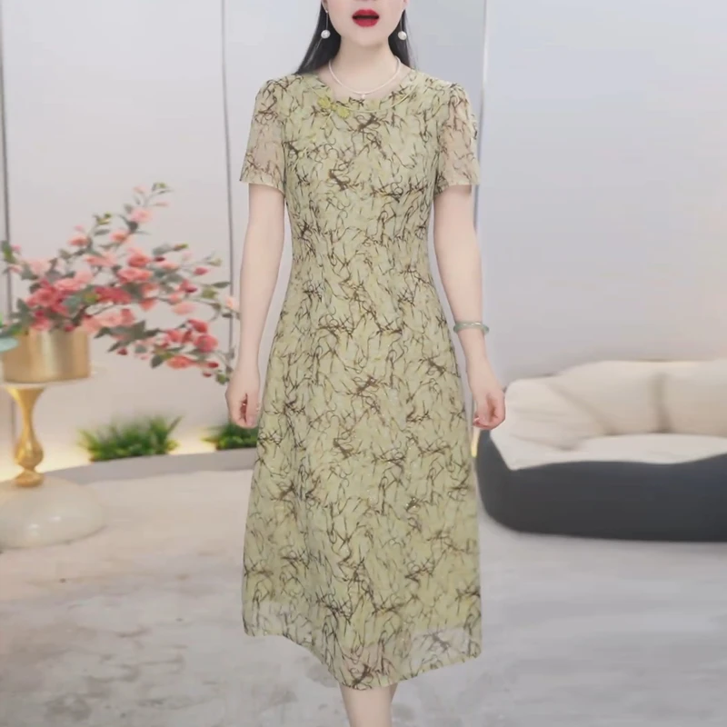 时尚高端简约得体印花连衣裙女2025新款夏宽松减龄轻熟风a字裙潮