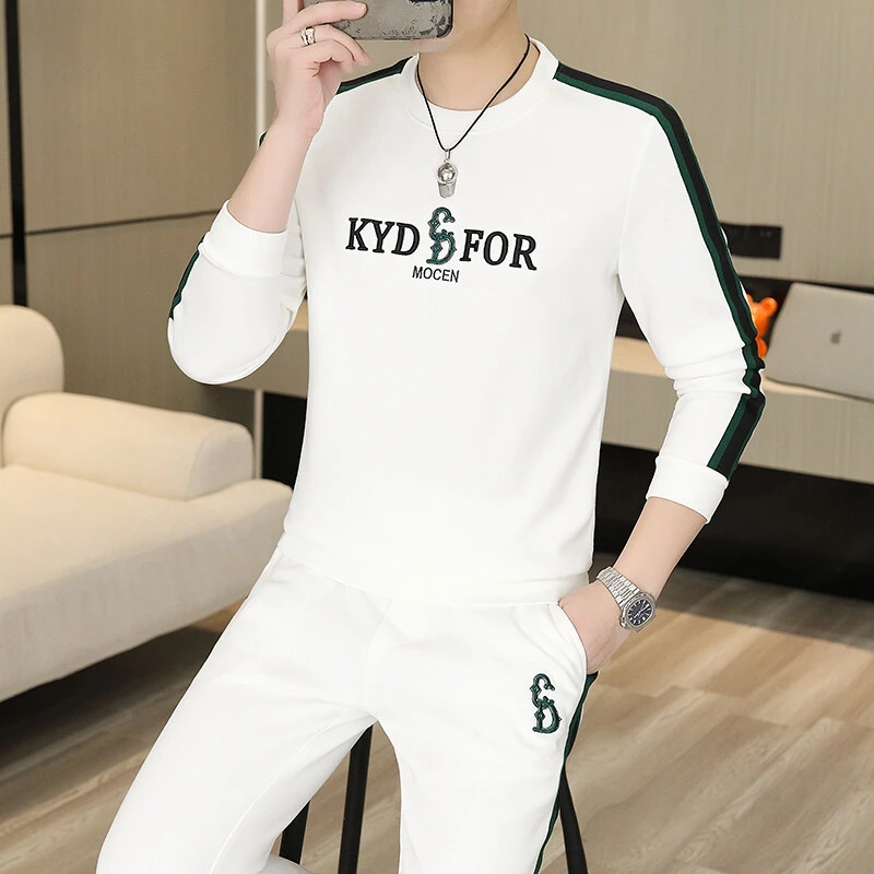 新款刺绣套装男士潮流圆领两件套男士时尚套装男装2025春季重磅衣