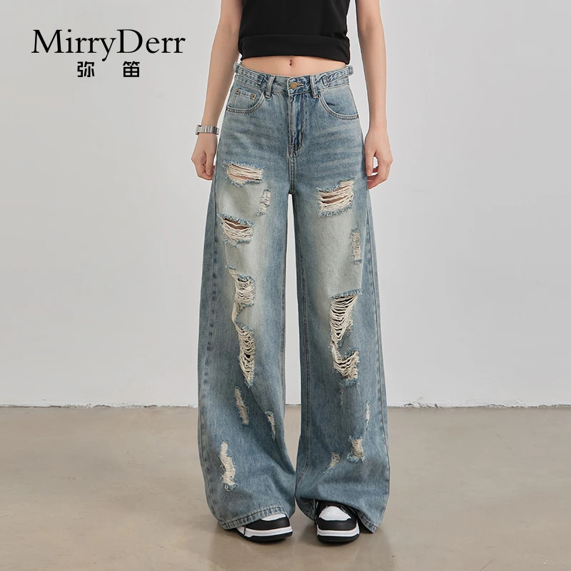 MirryDerr/弥笛时髦破洞阔腿裤女2025夏季新款高腰显瘦垂感直筒裤