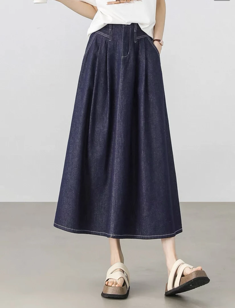 超好看深蓝色牛仔裙女2025新款春季高腰伞裙垂感大摆裙a字半身裙