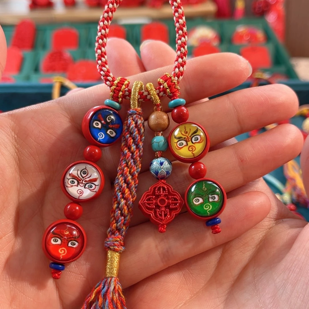 天然辰砂含辰砂工艺品五路财神包包挂钥匙扣