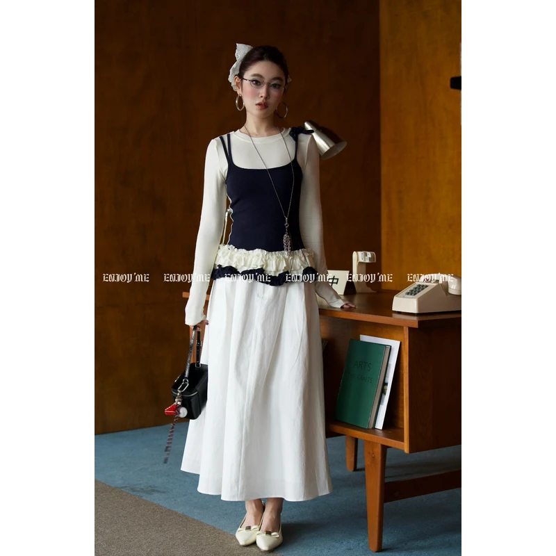 【门店同款】ENJOY春季盐貌似糖撞色花边假两件上衣160945062