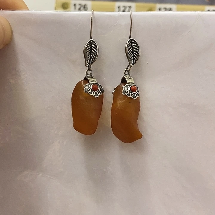 思***念蜜蜡银S925镶嵌耳饰蜜蜡