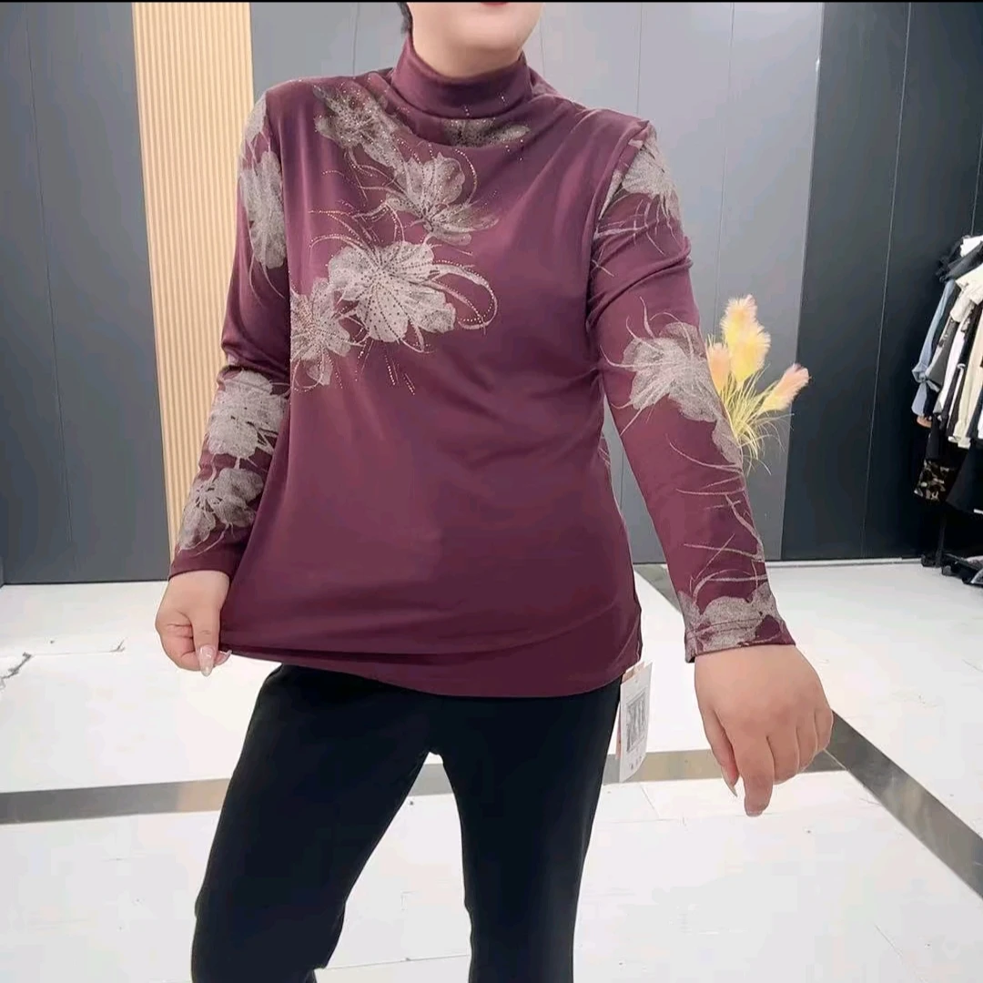 3156早秋新款长袖半高领钻大花修身打底衫