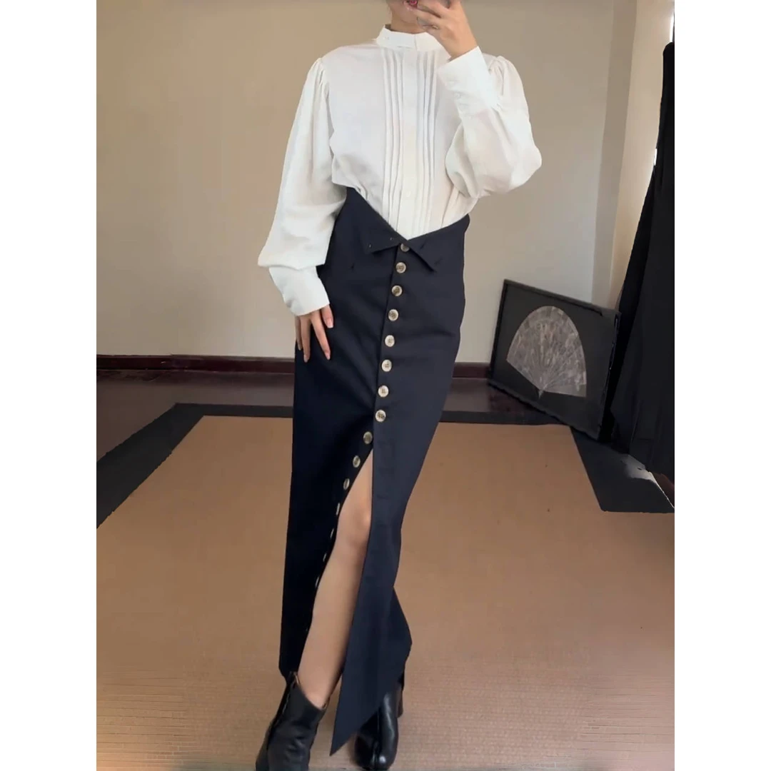 轻奢秋季单排纽扣半身裙女开叉黑色气质包臀职场御姐显瘦西装长裙