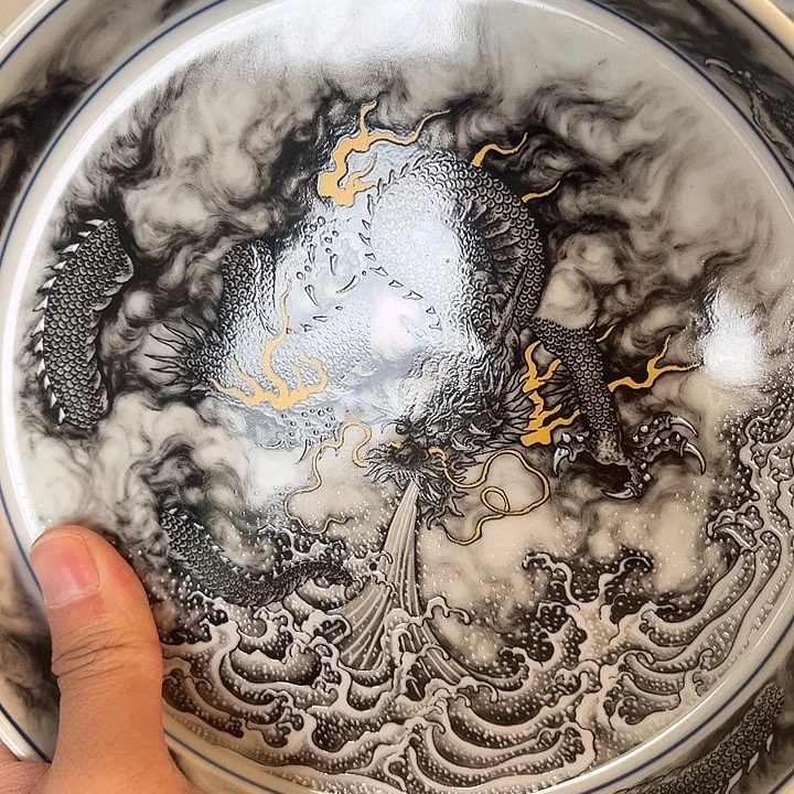瓷片景德镇黑墨龙游大壶承