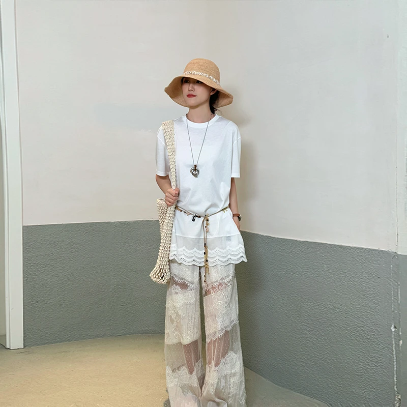 【VIINS】SONGFORIDEAL夏季新款下摆蕾丝洋气百搭宽松雪花短袖5026