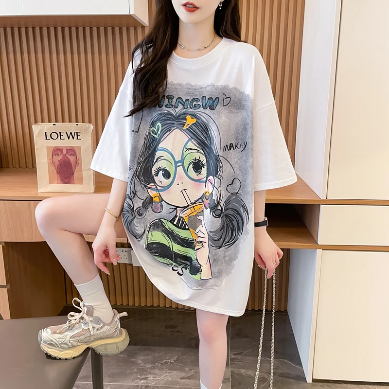 设计感卡通纯棉短袖T恤女夏季新款时尚宽松中长款洋气休闲上衣潮