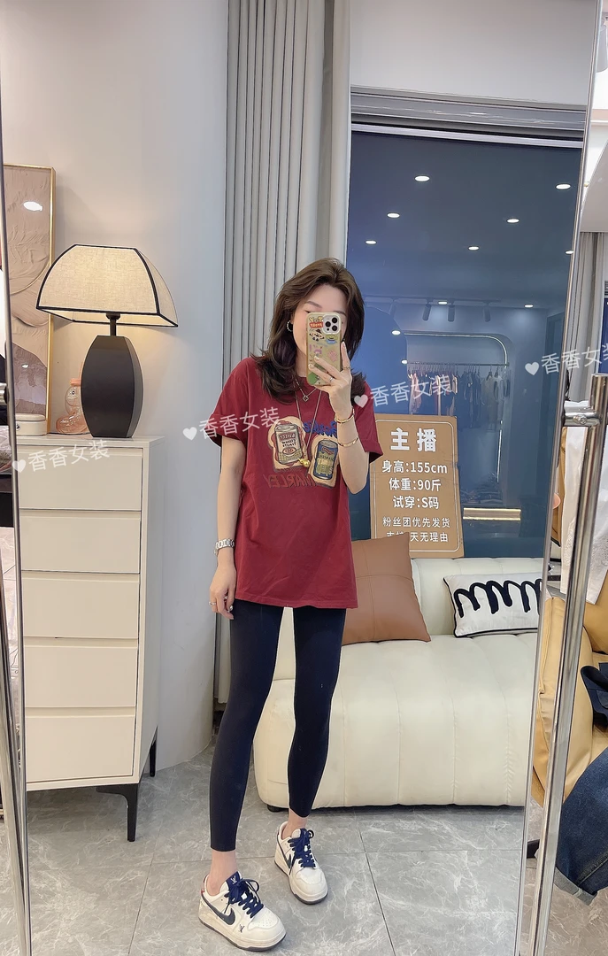 2025新款小个子春款休闲印花图显瘦水洗棉中长款时尚圆领T恤