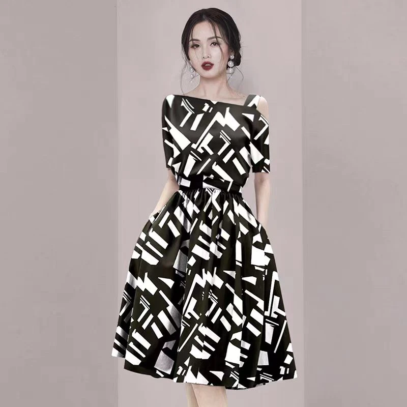 黑色斜领裙子复古泡泡袖时尚显瘦洋气中老年女装长裙名媛轻奢