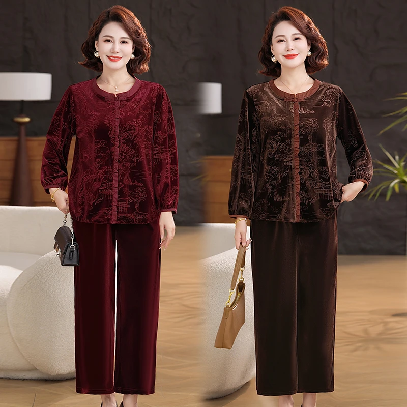 妈妈装秋季新款洋气两件套丝绒休闲宽松弹力中老年大码女装春秋款