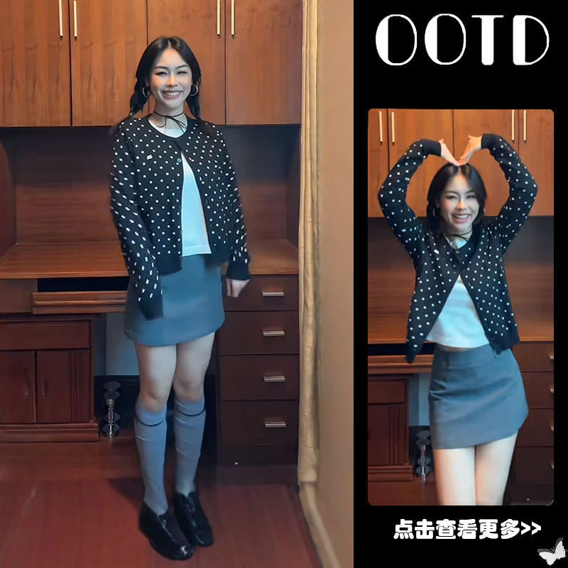 夏季流行穿搭一整套女2025新款韩版波点开衫背心高腰短裙三件套