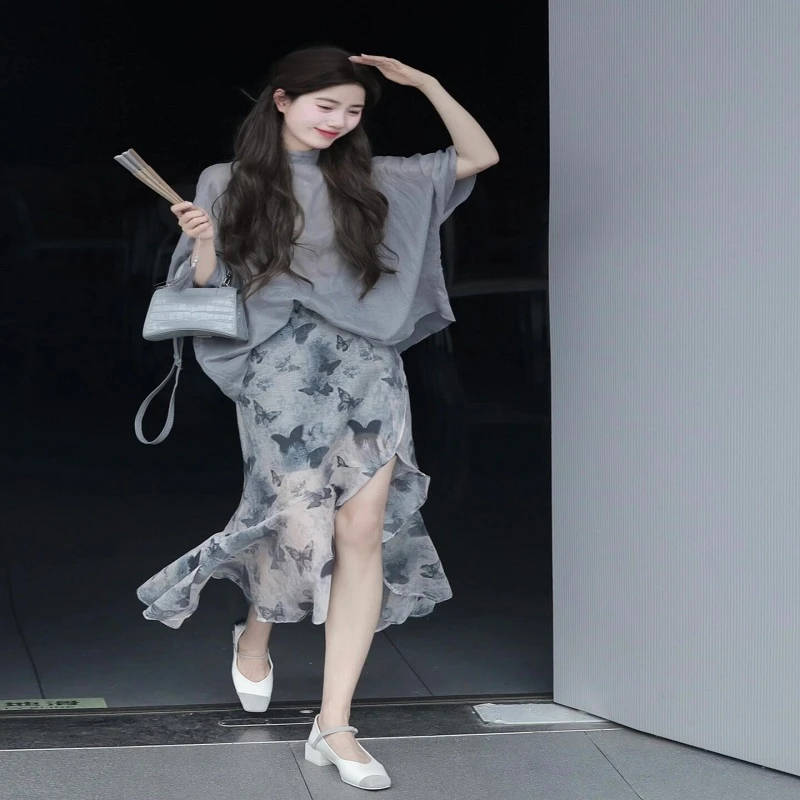 2025夏季女法式简约禅意风半身裙褶皱设计感防晒衬衫微透宽松上衣