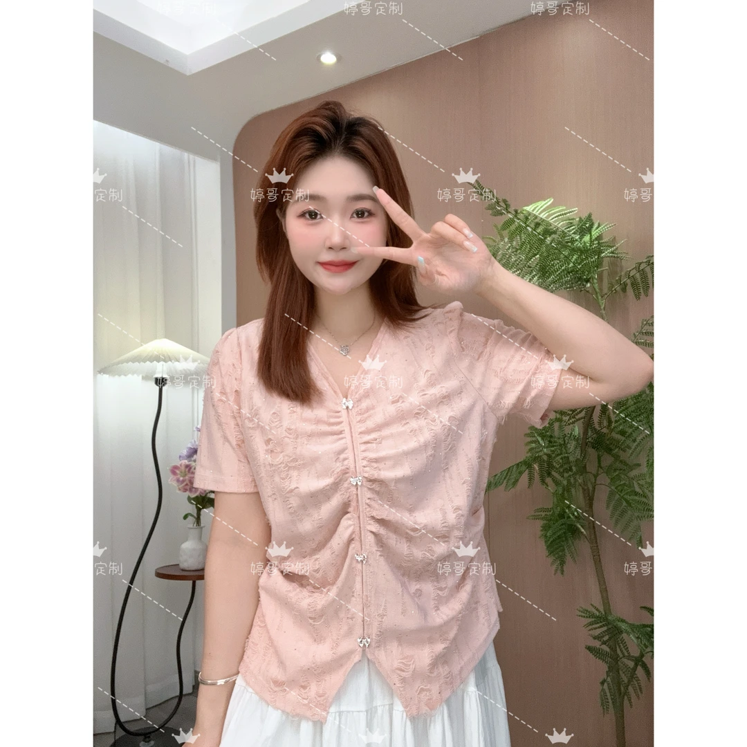 【现货 婷哥定制 初夏傍晚】夏季温柔风设计感显瘦短袖上衣TGW41526