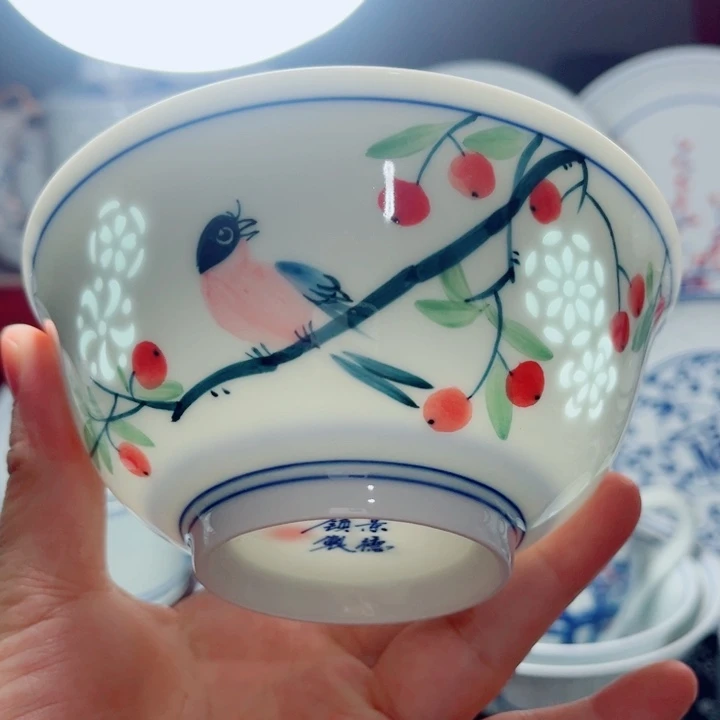青花玲珑5寸饭碗手绘花鸟