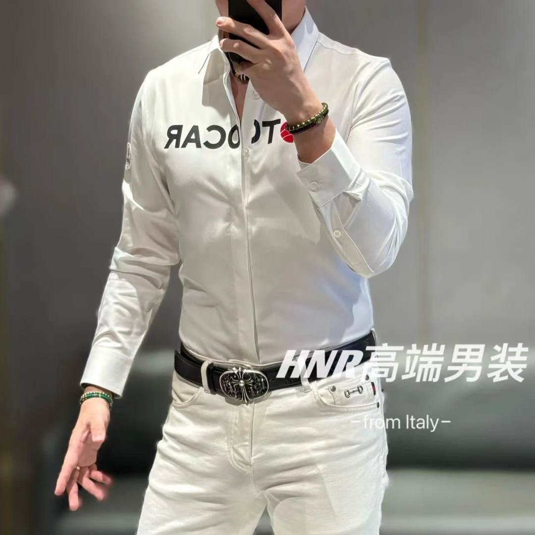 高端比马棉袖章刺绣设计英文字母简约高端男士衬衫25861